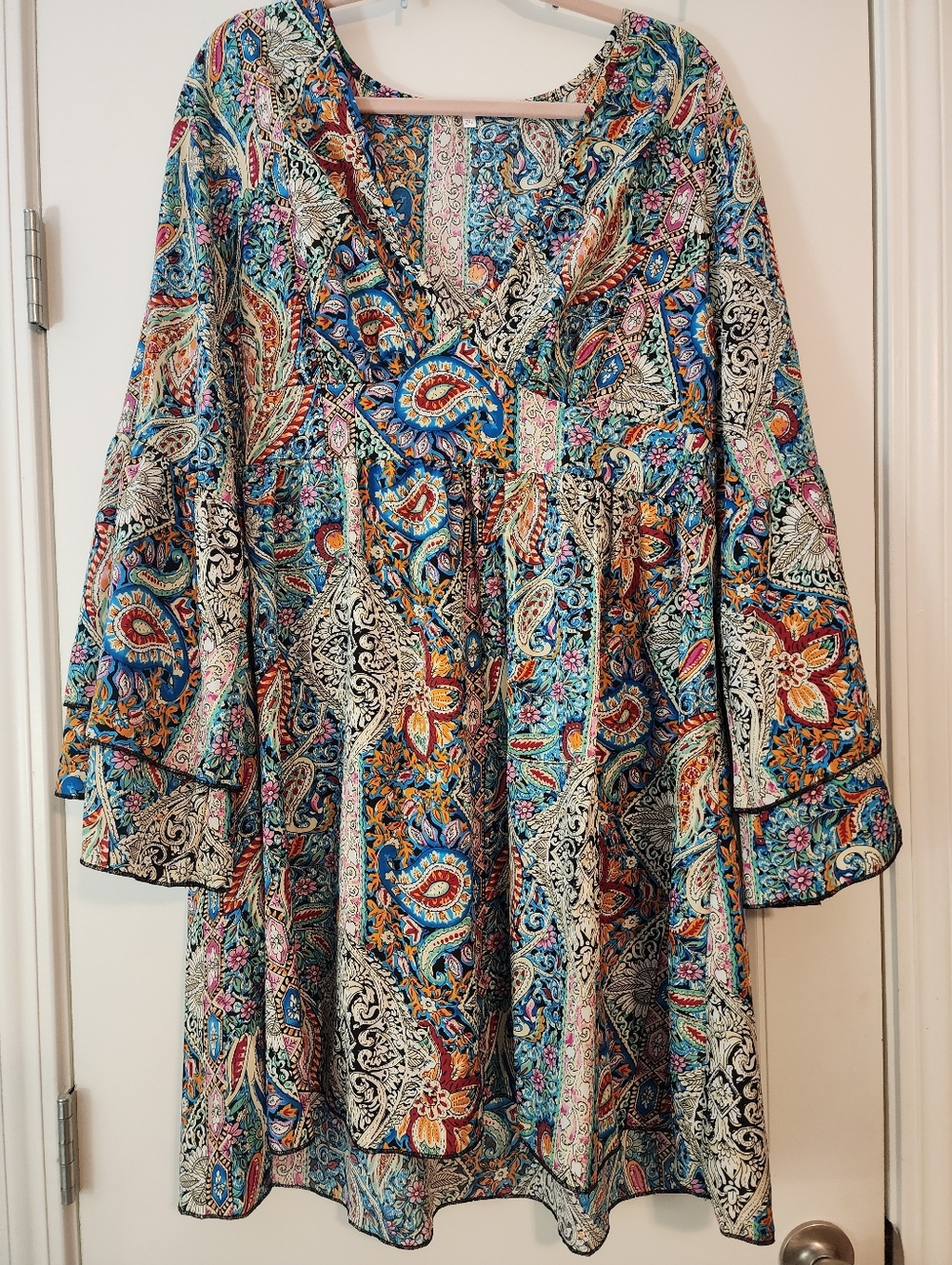 Women's Bohemian Paisley V-neck Empire Waist Mini Dress 2XL Flutter Sleeves
